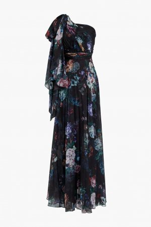 Шифоновое платье на одно плечо со складками и цветочным принтом MARCHESA NOTTE, черный Notte