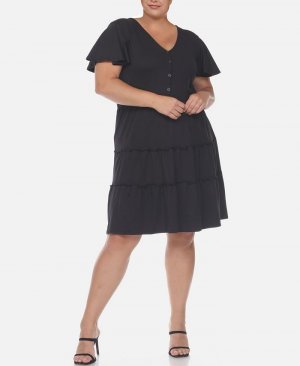 Многоуровневое платье больших размеров с короткими рукавами и V-образным вырезом , черный White Mark