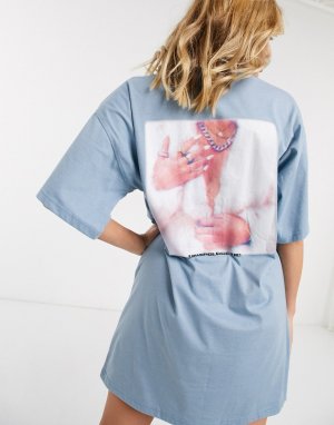 Платье-футболка в стиле oversized с надписью unapologetic и фотопринтом -Синий Public Desire