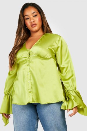 Блузка plus атласная на пуговицах с расшешенными рукавами , оливковый Boohoo
