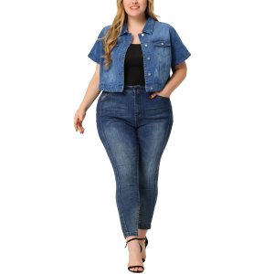 Женская укороченная джинсовая куртка больших размеров с короткими рукавами , синий Agnes Orinda