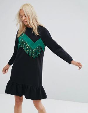 Платье-футболка с зигзагообразной отделкой и бахромой Ziztar. Цвет: черный