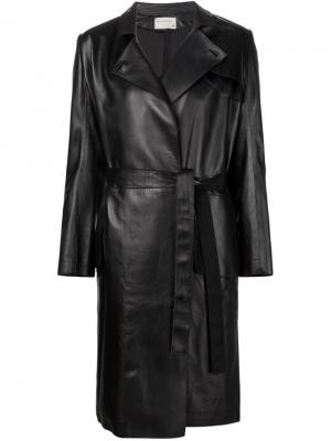 Кожаное пальто с поясом Maison Rabih Kayrouz. Цвет: чёрный
