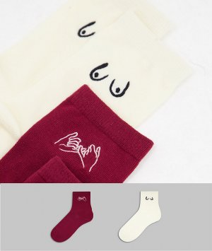 Набор из 2 пар носков винного и кремового цвета органического хлопка с вышивкой Polly-Белый Monki