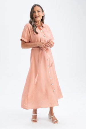 Льняное платье миди с рубашечным воротником и короткими рукавами , розовый DeFacto
