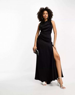 Черное атласное платье макси с высоким воротником и драпировкой объемным подолом ASOS