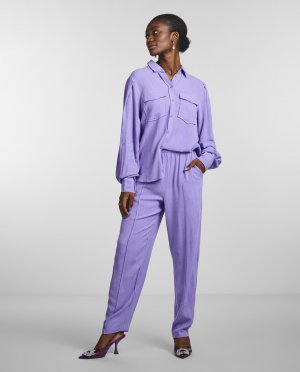 Женские льняные брюки с эластичной резинкой на талии Yas, сиреневый YAS. Цвет: фиолетовый