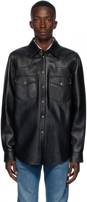 Черная кожаная куртка-рубашка с логотипом Gucci