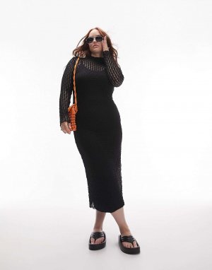 Черное платье миди из кружевного джерси с длинными рукавами и текстурой Curve Topshop