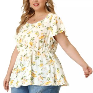 Женская блузка с цветочным принтом больших размеров, топ баской и расклешенными рукавами, вырезом сердца эластичной резинкой на талии Agnes Orinda