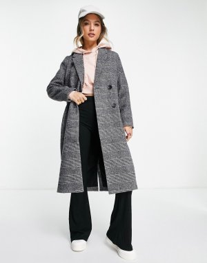 Серое двубортное строгое пальто в клетку -Черный цвет Monki