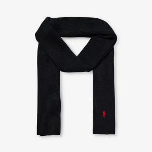 Шерстяной шарф в рубчик с фирменной вышивкой , черный Polo Ralph Lauren