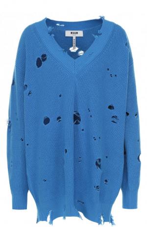 Хлопковый пуловер свободного кроя с потертостями MSGM. Цвет: голубой