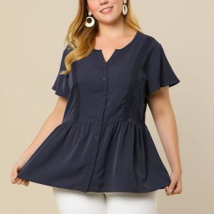 Женская рабочая рубашка больших размеров с короткими рукавами и баской на пуговицах , темно-синий Agnes Orinda
