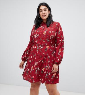 Короткое приталенное платье-рубашка с цветочным принтом -Красный Influence Plus