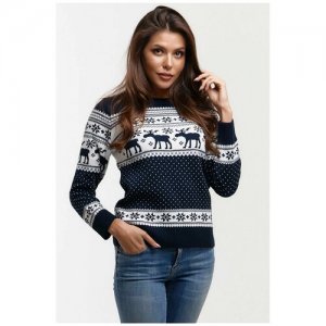 Шерстяной женский свитер, классический скандинавский орнамент с Оленями и снежинками, натуральная шерсть, сине-белый цвет, размер S Anymalls. Цвет: синий