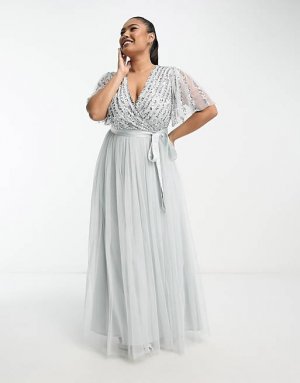 Бледно-серое платье макси в полоску с пайетками Bridesmaid Plus Maya