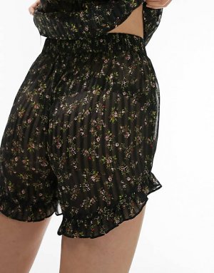 Черный комплект из майки с оборками и цветочным принтом короткой пижамы Topshop