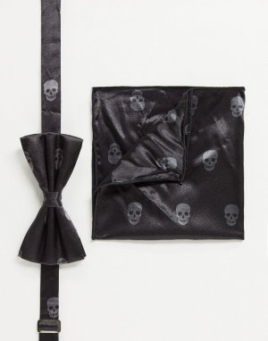 Комплект из галстука-бабочки и платка-паше с черепами -Черный цвет Bolongaro Trevor