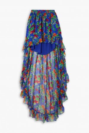 Юбка макси Della из шелкового шифона асимметричного кроя с оборками и цветочным принтом Caroline Constas, синий CONSTAS