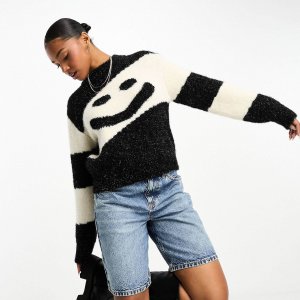 Джемпер Knitted With Volume Sleeves, черный/белый Monki