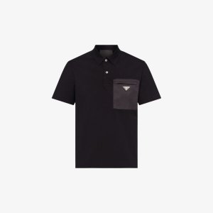 Рубашка поло из эластичного хлопка с фирменной бляшкой и нейлоновыми карманами , черный Prada