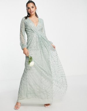 Шалфейно-зеленое платье миди для подружки невесты с декоративной отделкой Bridesmaids-Зеленый цвет Frock and Frill