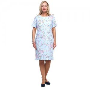 Платье летнее повседневное офисное из хлопка с мелким цветочным принтом короткий рукав plus size (большие размеры) OL/1805026/2-54 OLS. Цвет: синий