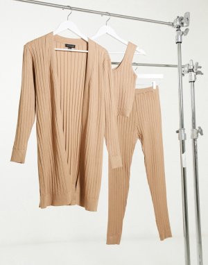 Бежевый комплект домашней одежды в рубчик из 3 предметов -Коричневый QED London