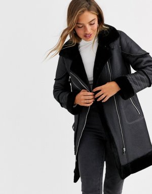 Удлиненное пальто в байкерском стиле -Черный Urbancode