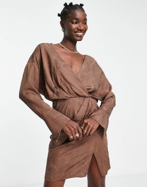Шоколадное атласное мини-платье с манжетами и длинными рукавами юбкой со складками ASOS DESIGN