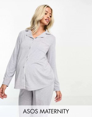 Пижамный комплект из мягкого трикотажа с длинными рукавами и брюками ASOS DESIGN Maternity контрастной окантовкой серого цвета