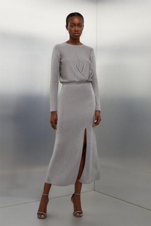Трикотажное платье макси из облегающей вискозы с разрезом , серый Karen Millen