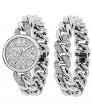 Женские аналоговые часы и браслет серебряного цвета с цепочкой из кристаллов ремешком нержавеющей стали, 40 мм Kendall + Kylie