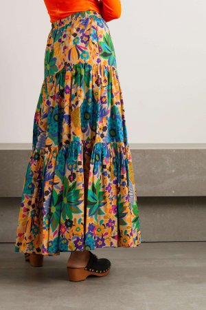 LA DOUBLEJ Ярусная юбка макси из хлопкового поплина с цветочным принтом и складками, синий