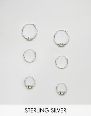 Три пары серебряных серег-колец Fashionology. Цвет: серебряный