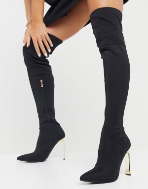 Черные эластичные ботфорты с золотистым каблуком Simmi London Liane-Черный Shoes