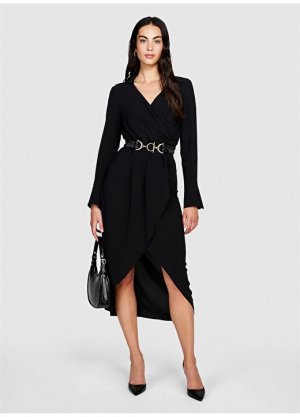 Черное женское платье с длинным рукавом и v-образным вырезом Sisley