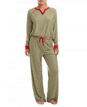 Женские 2 шт. Пижамный комплект на шнурке с принтом , цвет Green Holiday Geo Splendid