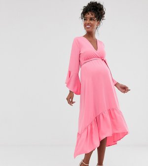 Розовое платье миди с оборками на рукавах и запахом Maternity-Розовый Queen Bee