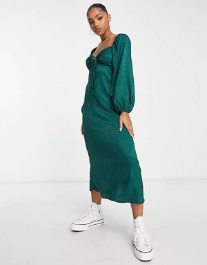 Темно-зеленое жаккардовое платье миди с корсетом и длинными рукавами New Look