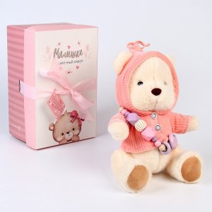 Подарочный набор мягкая игрушка медвежонок + держатель для соски , розовый Крошка Я