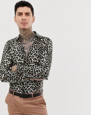 Хлопковая приталенная рубашка с длинными рукавами и леопардовым принтом -Черный Devils Advocate