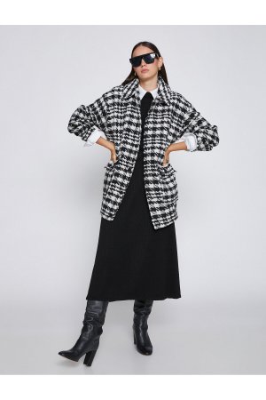 Шерстяное пальто оверсайз с узором «гусиные лапки» и воротником-рубашкой , черный Koton