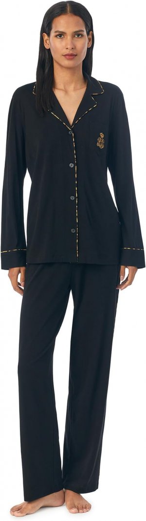 Вязаный длинный пижамный комплект с воротником-стойкой и длинными рукавами LAUREN Ralph Lauren, черный