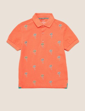 Рубашка-поло из чистого хлопка с вышивкой пальмы Marks & Spencer. Цвет: коралловый микс