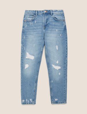 Рваные джинсы Мом из легкого денима M&S Collection. Цвет: деним