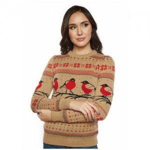 Шерстяной свитер, классический скандинавский орнамент с птицами снегирями и снежинками, натуральная шерсть, бежевый цвет, размер S Anymalls. Цвет: бежевый