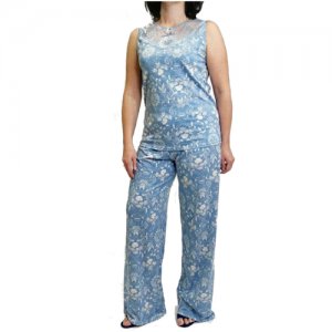 Домашний костюм женский с брюками. Артикул 7051. Размер 56 El Fa Mei. Цвет: голубой